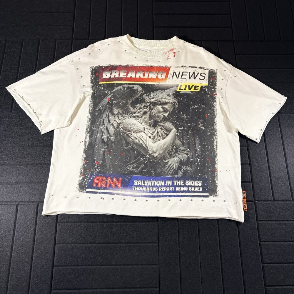 First Row Breaking News Angel Graphic Rhinestone Tee Shirt Men’s M Streetwear
